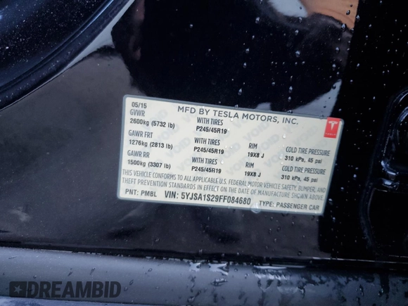 2015 Tesla Model S 85D with VIN 5YJSA1S29FF084680, listed as a Copart auction lot 51488045 with 116,690 mi miles and Salvage Title. Bid and sale history available at carsss.com. Image 13.