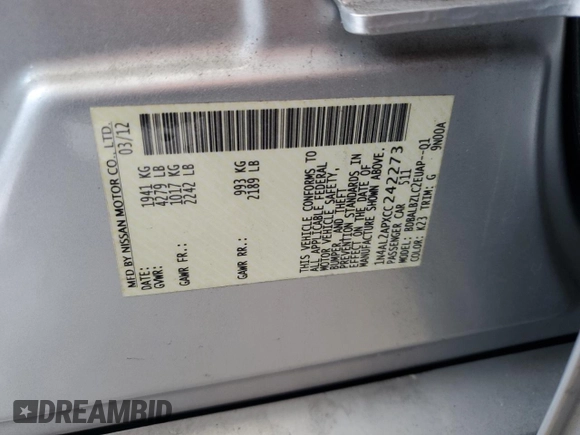 2012 Nissan Altima 2.5 S with VIN 1N4AL2APXCC242273, listed as a Copart auction lot 52492045 with 90,652 mi miles and Salvage Title. Bid and sale history available at carsss.com. Image 12.