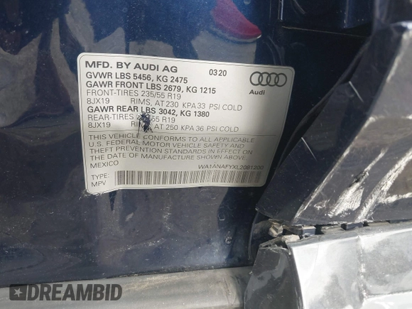 2020 Audi Q5 Premium with VIN WA1ANAFYXL2081200, listed as a IAAI auction lot 42445339 with 73,859 mi miles and . Bid and sale history available at DreamBid. Image 9.