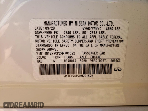 2021 Infiniti Q50 Sensory with VIN JN1EV7CP2MM701522, listed as a Copart auction lot 48612605 with 103,461 mi miles and Salvage title. Bid and sale history available at DreamBid. Image 15.