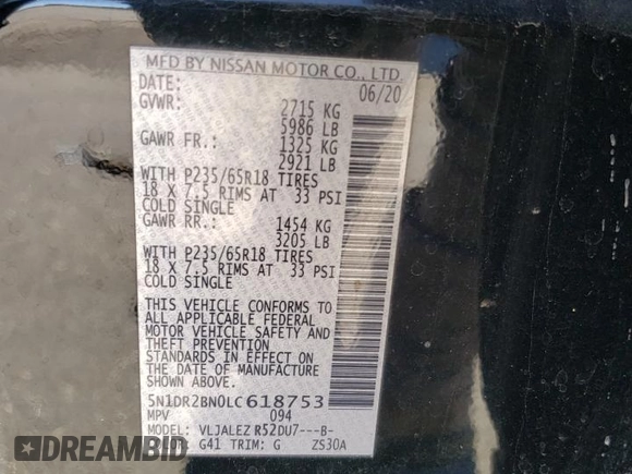 2020 Nissan Pathfinder SV z VIN 5N1DR2BN0LC618753, wystawiony jako Copart lot #45938515 z przebiegiem 211 098 mil mil oraz Szkoda całkowita • Salvage title. Historia ofert i sprzedaży dostępna na DreamBid. Obrazek 14.