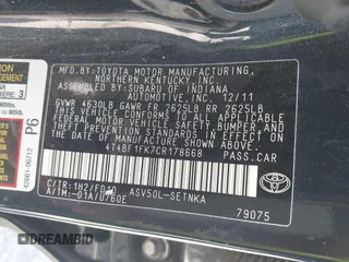 2012 Toyota Camry L with VIN 4T4BF1FK7CR178668, listed as a IAAI auction lot 41847260 with 176,445 mi miles. Bid and sale history available at carsss.com. Image 9.