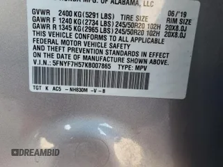 2019 Honda Passport EX-L with VIN 5FNYF7H57KB007865, listed as a Copart auction lot 51352775 with 43,846 mi miles and Salvage Title. Bid and sale history available at carsss.com. Image 15.