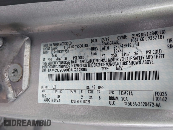 2013 Ford Escape Titanium with VIN 1FMCU9J90DUC22888, listed as a IAAI auction lot 41664550 with 185,568 mi miles and . Bid and sale history available at DreamBid. Image 9.