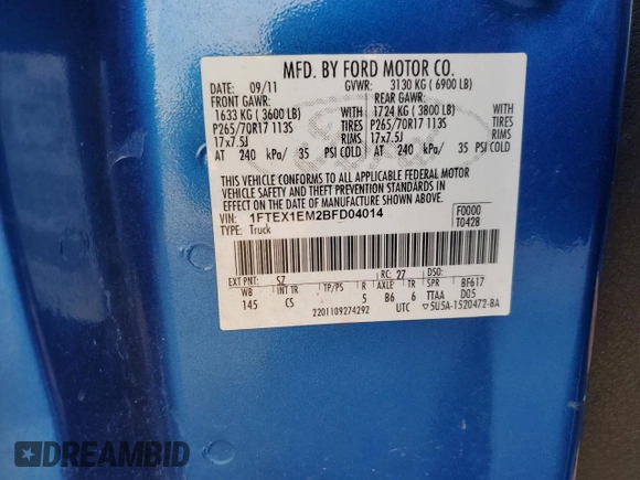 2011 Ford F-150 XL with VIN 1FTEX1EM2BFD04014, listed as a Copart auction lot 42110215 with 154,696 mi miles and Clean Title. Bid and sale history available at carsss.com. Image 13.