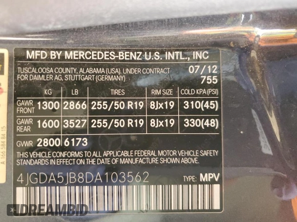2013 Mercedes-Benz M 350 with VIN 4JGDA5JB8DA103562, listed as a Copart auction lot 45216375 with 157,395 mi miles and Salvage Title. Bid and sale history available at DreamBid. Image 15.