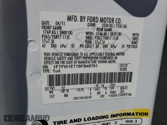 2011 Ford F-150 XLT with VIN 1FTFW1ET1BFB45761, listed as a Copart auction lot 64660595 with 240,317 mi miles and Salvage title. Bid and sale history available at DreamBid. Image 12.