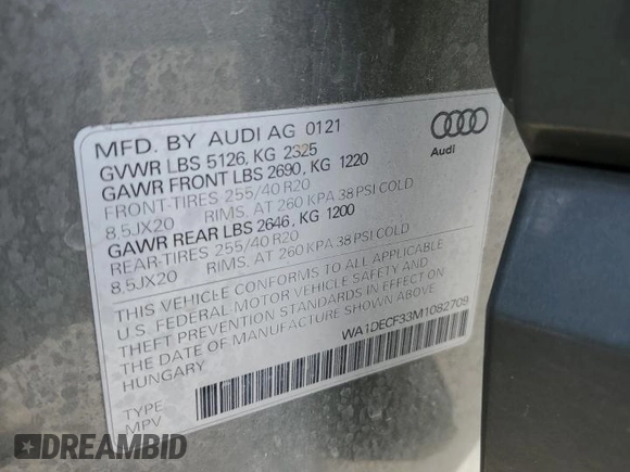 2021 Audi Q3 S line Premium with VIN WA1DECF33M1082709, listed as a Copart auction lot 50559005 with 65,244 mi miles and Salvage Title. Bid and sale history available at DreamBid. Image 14.