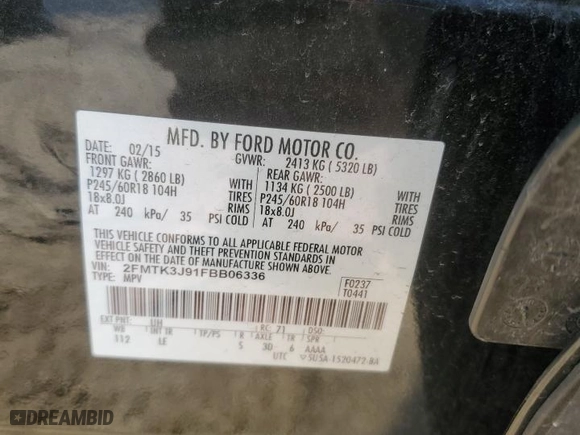 2015 Ford Edge SEL with VIN 2FMTK3J91FBB06336, listed as a Copart auction lot 46822535 with 106,808 mi miles and Salvage Title. Bid and sale history available at carsss.com. Image 13.