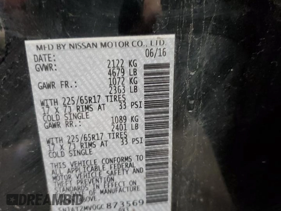 2016 Nissan Rogue SV with VIN 5N1AT2MV0GC873569, listed as a Copart auction lot 53288555 with 0 mi miles and Salvage Title. Bid and sale history available at carsss.com. Image 13.