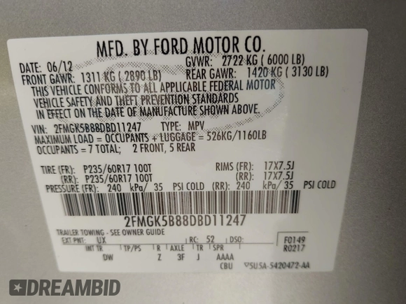2013 Ford Flex SE z VIN 2FMGK5B88DBD11247, wystawiony jako IAAI lot #41979831 z przebiegiem 102 211 mil mil oraz . Historia ofert i sprzedaży dostępna na DreamBid. Obrazek 9.