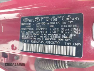 2018 Hyundai Kona Limited with VIN KM8K33A56JU105790, listed as a IAAI auction lot 41363532 with 123,285 mi miles. Bid and sale history available at carsss.com. Image 9.