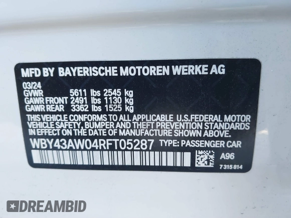2024 BMW i4 eDrive35 z VIN WBY43AW04RFT05287, wystawiony jako IAAI lot #41427545 z przebiegiem 6 347 mil mil oraz . Historia ofert i sprzedaży dostępna na DreamBid. Obrazek 9.