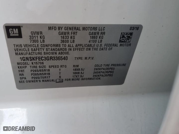 2016 Chevrolet Tahoe Commercial with VIN 1GNSKFEC3GR336540, listed as a Copart auction lot 85236384 with 146,042 mi miles and Salvage Title. Bid and sale history available at carsss.com. Image 13.