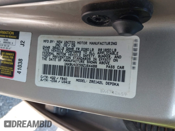 2009 Toyota Corolla with VIN 1NXBU40E59Z164488, listed as a IAAI auction lot 40907058 with 180,161 mi miles. Bid and sale history available at carsss.com. Image 9.