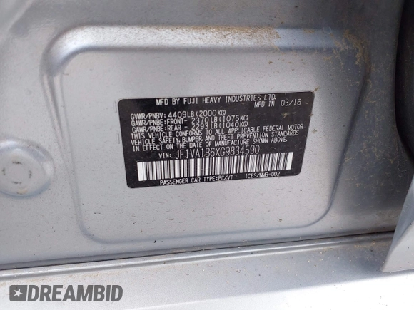 2016 Subaru WRX with VIN JF1VA1B6XG9834590, listed as a IAAI auction lot 42148646 with 1 mi miles. Bid and sale history available at carsss.com. Image 9.