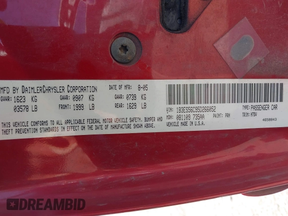 2005 Dodge Neon SXT with VIN 1B3ES56C95D266052, listed as a IAAI auction lot 42154635 with 130,744 mi miles and . Bid and sale history available at carsss.com. Image 9.
