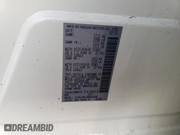 2015 Infiniti QX60 with VIN 5N1AL0MM3FC517823, listed as a Copart auction lot 53941375 with 63,834 mi miles and Salvage title. Bid and sale history available at DreamBid. Image 13.