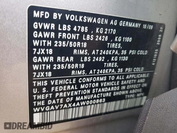 2010 Volkswagen Tiguan Wolfsburg Edition with VIN WVGAV7AX4AW000863, listed as a Copart auction lot 53967005 with 146,788 mi miles and Clean title. Bid and sale history available at DreamBid. Image 13.