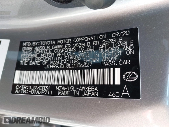2020 Lexus UX 250h F Sport with VIN JTHR9JBH3L2036827, listed as a IAAI auction lot 42395337 with 50,096 mi miles and . Bid and sale history available at DreamBid. Image 9.