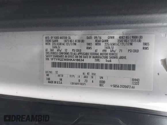 2017 Ford Transit с VIN 1FTYR2ZM5HKA18634, выставлен на аукционе IAAI как лот 41675775 с пробегом 263 278 миль миль и . История ставок и продаж доступна на DreamBid. Изображение 9.