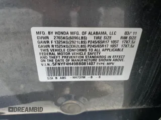 2011 Honda Pilot EX with VIN 5FNYF4H49BB081407, listed as a Copart auction lot 47947585 with 189,117 mi miles and Salvage Title. Bid and sale history available at DreamBid. Image 13.