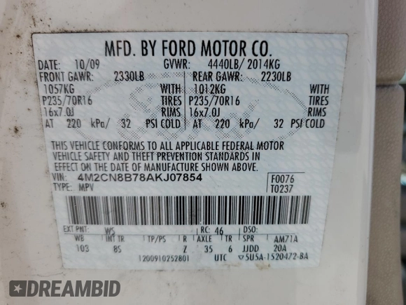 2010 Mercury Mariner with VIN 4M2CN8B78AKJ07854, listed as a Copart auction lot 71726414 with 195,757 mi miles and Non Repairable. Bid and sale history available at carsss.com. Image 15.
