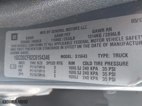 2012 Chevrolet Colorado LT w/1LT with VIN 1GCDSCF92C8154346, listed as a IAAI auction lot 41368109 with 157,023 mi miles. Bid and sale history available at carsss.com. Image 9.