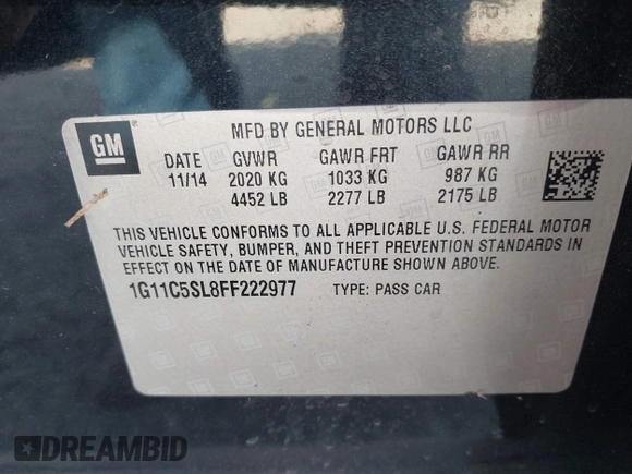 2015 Chevrolet Malibu LT with VIN 1G11C5SL8FF222977, listed as a IAAI auction lot 41941981 with 147,219 mi miles and . Bid and sale history available at DreamBid. Image 9.