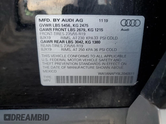 2020 Audi Q5 Premium with VIN WA1ANAFY9L2040511, listed as a Copart auction lot 38637823 with 66,149 mi miles. Bid and sale history available at carsss.com. Image 12.