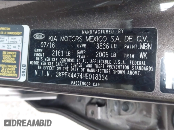2017 Kia Forte LX with VIN 3KPFK4A74HE018334, listed as a IAAI auction lot 41867916 with 91,671 mi miles. Bid and sale history available at carsss.com. Image 9.