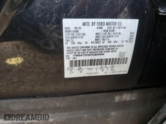 2023 Ford Explorer XLT with VIN 1FMSK7DH6PGB89990, listed as a Copart auction lot 63462545 with 40,152 mi miles and Clean title. Bid and sale history available at DreamBid. Image 12.