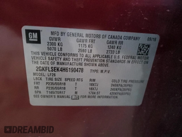 2017 GMC Terrain SLE with VIN 2GKFLSEK4H6190478, listed as a Copart auction lot 84094104 with 88,220 mi miles and Clean Title. Bid and sale history available at DreamBid. Image 12.