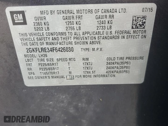 2015 GMC Terrain SLE with VIN 2GKFLRE34F6426030, listed as a Copart auction lot 44634445 with 167,518 mi miles and Salvage Title. Bid and sale history available at DreamBid. Image 15.
