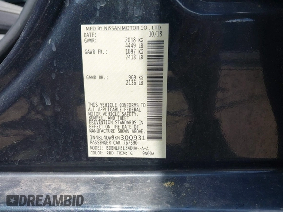 2019 Nissan Altima SV z VIN 1N4BL4DW9KN300931, wystawiony jako IAAI lot #42282164 z przebiegiem 114 986 mil mil oraz . Historia ofert i sprzedaży dostępna na DreamBid. Obrazek 9.