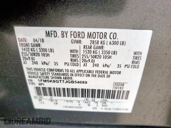 2018 Ford Explorer Sport with VIN 1FM5K8GT7JGB54689, listed as a Copart auction lot 59528925 with 53,018 mi miles and Salvage title. Bid and sale history available at DreamBid. Image 13.