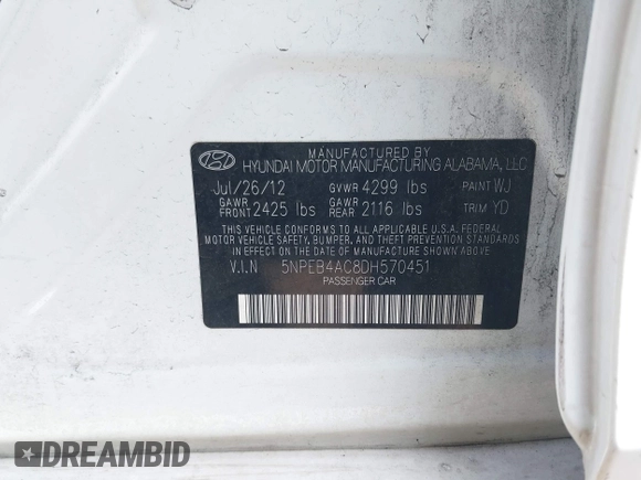 2013 Hyundai Sonata GLS with VIN 5NPEB4AC8DH570451, listed as a IAAI auction lot 41920296 with 136,123 mi miles and . Bid and sale history available at carsss.com. Image 9.