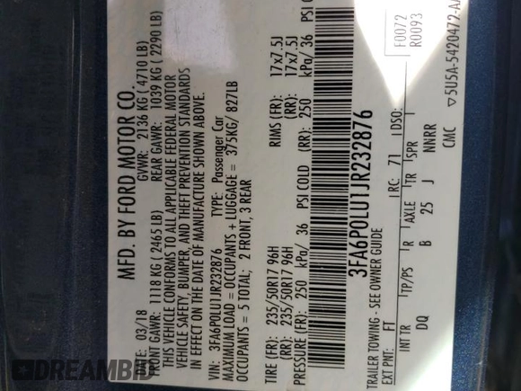 2018 Ford Fusion SE z VIN 3FA6P0LU1JR232876, wystawiony jako Copart lot #52911185 z przebiegiem 116 889 mil mil oraz Nie do naprawy • Non repairable. Historia ofert i sprzedaży dostępna na DreamBid. Obrazek 13.
