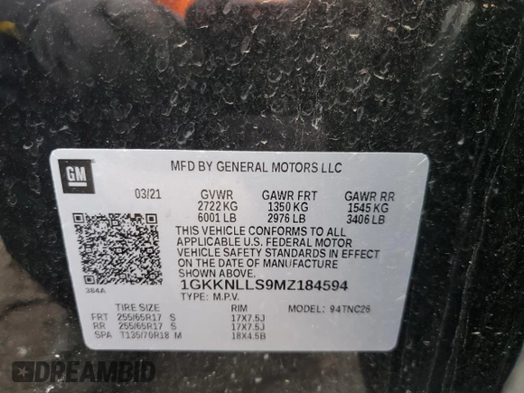 2021 GMC Acadia AT4 with VIN 1GKKNLLS9MZ184594, listed as a Copart auction lot 83914744 with 62,706 mi miles and Salvage Title. Bid and sale history available at carsss.com. Image 13.