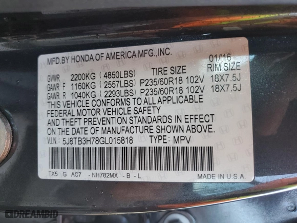 2016 Acura RDX Advance Pkg with VIN 5J8TB3H78GL015818, listed as a Copart auction lot 86987064 with 68,385 mi miles and Clean Title. Bid and sale history available at carsss.com. Image 14.