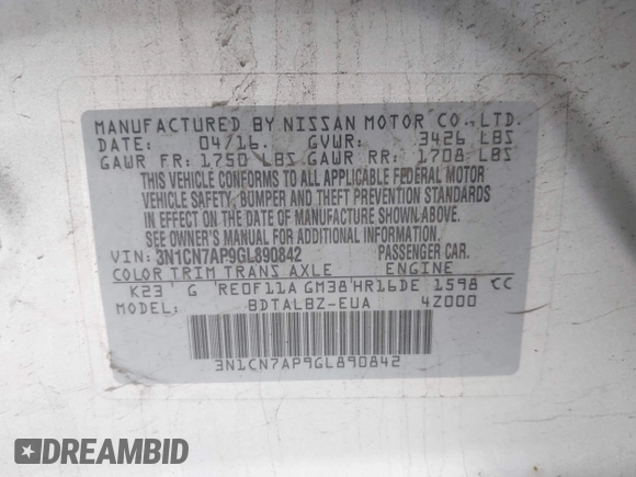 2016 Nissan Versa SV z VIN 3N1CN7AP9GL890842, wystawiony jako IAAI lot #42299478 z przebiegiem 90 572 mil mil oraz . Historia ofert i sprzedaży dostępna na DreamBid. Obrazek 9.