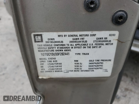 2003 GMC Sierra 1500HD SLE z VIN 1GTGC13U33F202441, wystawiony jako Copart lot #51450115 z przebiegiem Nie podano mil oraz Czysty tytuł • Clean title. Historia ofert i sprzedaży dostępna na DreamBid. Obrazek 12.