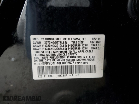 2014 Acura MDX Technology with VIN 5FRYD4H48EB035575, listed as a Copart auction lot 55239285 with 167,120 mi miles and Salvage title. Bid and sale history available at DreamBid. Image 13.