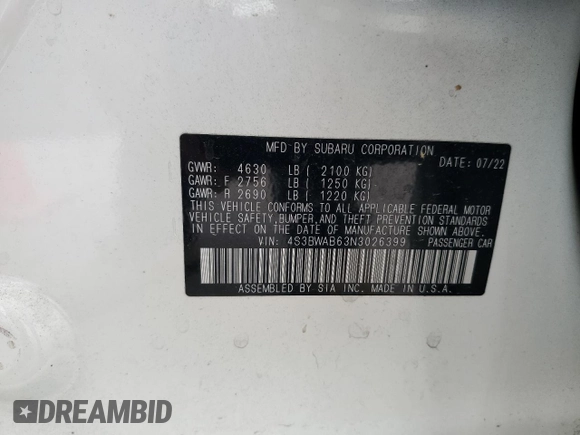 2022 Subaru Legacy with VIN 4S3BWAB63N3026399, listed as a Copart auction lot 60761355 with Not provided miles and Salvage title. Bid and sale history available at DreamBid. Image 13.