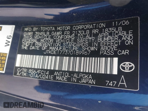2007 Scion tC Spec with VIN JTKDE177370189967, listed as a IAAI auction lot 42738822 with 175,577 mi miles and . Bid and sale history available at DreamBid. Image 9.