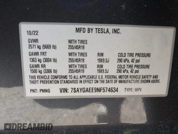 2022 Tesla Model Y Long Range z VIN 7SAYGAEE9NF574634, wystawiony jako IAAI lot #42040719 z przebiegiem 29 675 mil mil oraz . Historia ofert i sprzedaży dostępna na DreamBid. Obrazek 9.