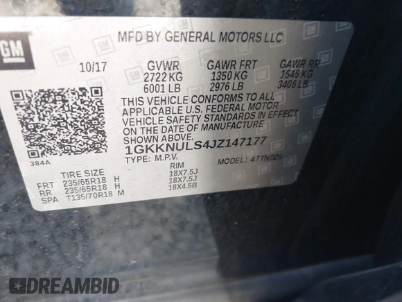 2018 GMC Acadia SLT with VIN 1GKKNULS4JZ147177, listed as a IAAI auction lot 42034029 with 79,029 mi miles and . Bid and sale history available at carsss.com. Image 9.