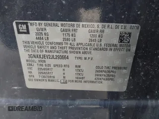 2018 Chevrolet Equinox LT with VIN 3GNAXJEV2JL293664, listed as a IAAI auction lot 41911923 with 105,057 mi miles and . Bid and sale history available at DreamBid. Image 9.