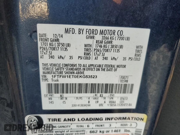 2014 Ford F-150 XL with VIN 1FTFW1ET0EKG53523, listed as a Copart auction lot 85695274 with 179,882 mi miles and Salvage Title. Bid and sale history available at carsss.com. Image 14.