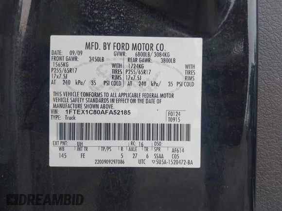 2010 Ford F-150 XL with VIN 1FTEX1C80AFA52185, listed as a IAAI auction lot 42526982 with 223,564 mi miles and . Bid and sale history available at DreamBid. Image 9.